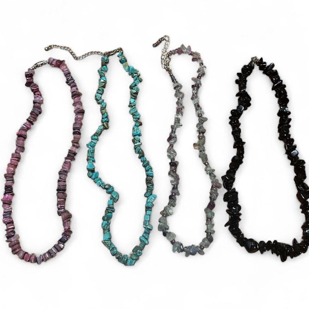 4 Handmade Gen. Semi Precious Stone Necklaces Onyx Flourite Turquoise Amethyst
